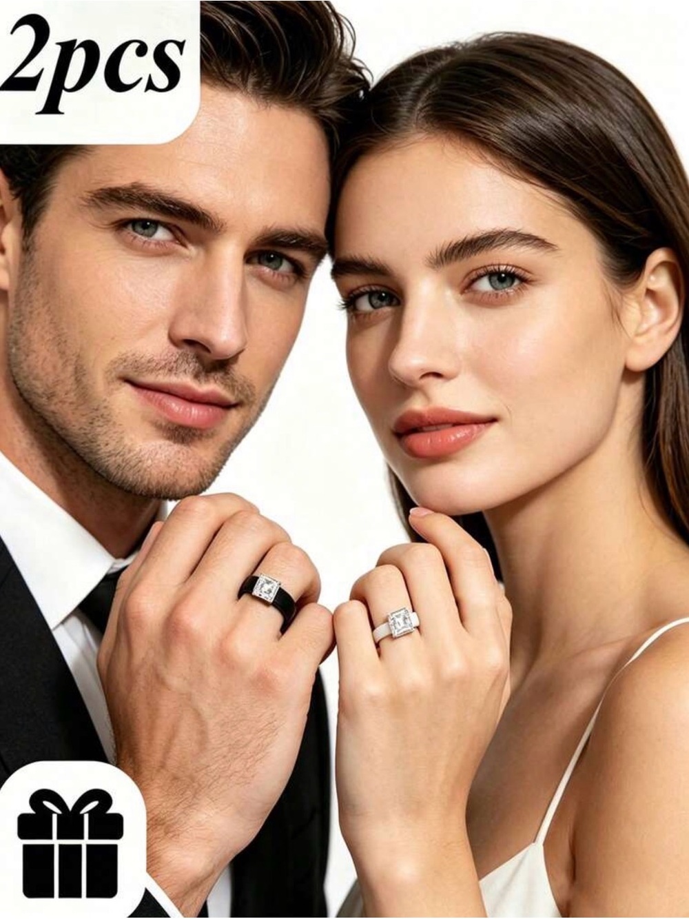 New Arrivals! Couple Square-Cut Solitaire Ring Set in Silver and Black .